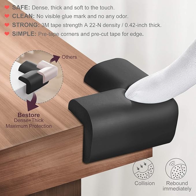 Baby Proofing Edge Corner Protector, 20.5 ft (18.1ft Edge + 8 Corners) Baby Proof Corner Guards,Thick Table Bumper Guard, 3M Pre-Taped Corners, Soft Rubber Foam Guard Heavy-Duty Black