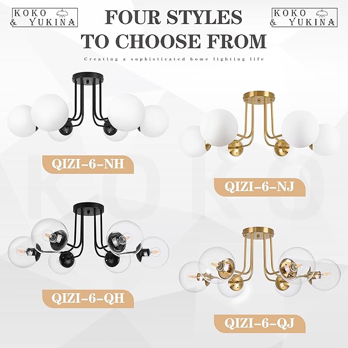 KoKo&Yukina 6-Light Mid Century Ceiling Light Modern Semi Flush Mount Ceiling Light Fixture Globe Ceiling Light with Milk Glass Shade Brushed Brass Finish for Bedroom Hallway Dining Room Living Room