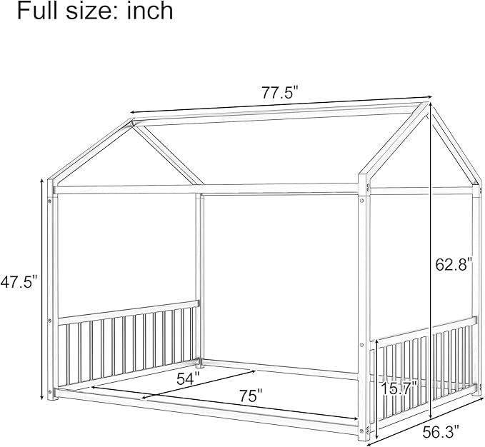 Merax Full Floor Bed Frame, Montessori Style Metal House Shaped Kids Bed with Vertical Safety Guardrails, No Slats, Grounded Design for Kids and Toddlers, Easy Assembly, Black