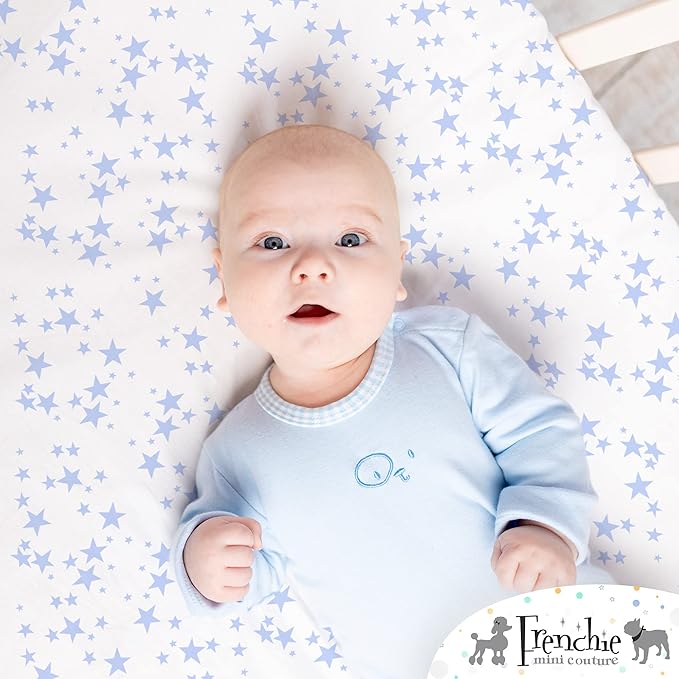 Frenchie Mini Couture Fitted Pack n Play Sheets,100% Cotton Standard Mattress, Blue Stars, 27 x 39in, 2-Pack