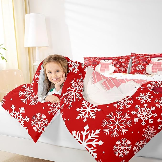 Feelyou Christmas Comforter Set All Season Snowman Red Bedding Set with 2 Pillow Cases Xmas Snowflakes Microfiber Kids Full Bedclothes Winter Snow Bedroom Decor Duvet Quilt Breathable Soft Lightweight