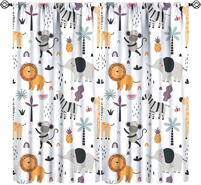 Cute Cartoon Animals Curtains Tropical Jungle Animals Elephant Giraffe Monkey Lion Modern Abstract Aesthetics for Kids Boys Bedroom Nursery Rod Pocket Decoration Window Drapes 2 Panels W27.5xL63in