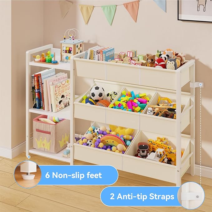 B7 Toy Storage Organizer with 3-Tier Wooden Shelves and 8 Bins, Toy Chest Storage, Toy Shelf Organizer, Kids Bookshelf and Toy Storage for Kids Room, Bedroom, Playroom, Nursery, White