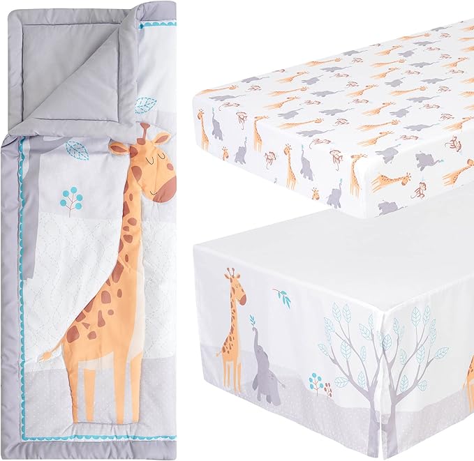 The Hōmistry 3-Piece Crib Bedding Set for Boys & Girls – Reversible Quilt, Fitted Sheet, Crib Skirt – Soft, Breathable & Durable Microfiber – Jungle Friends Theme