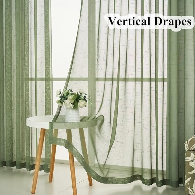 Sage Green Linen Look Pinch Pleated Sheer Curtains 90 Inches Long 2 Panels, 50 Inches Width, Rustic Textured Light Filtering Drapes, Elegant Window Curtain with Hooks