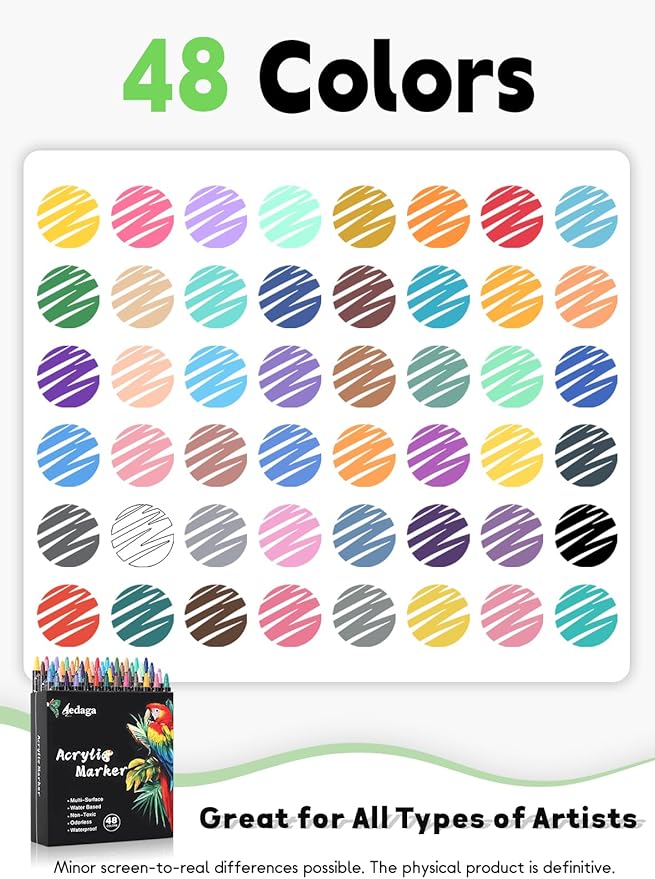 48 Colors Acrylic Paint Pens,Acrylic Paint Markers Dual Tip with Fine Tip and Dot Tip,Dot Maker for Kids Adults, Glass, Stone, Wood, Canvas, Paper, Pottery