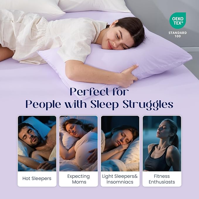 Dream Valley® King Size Sheets Set, Cooling Fitted Sheet with 2 Pillowcase-3 PCS with No Flat Sheet,Q-Max > 0.4 Aerocool, Cooling for Night Sweats, Hot Sleepers,deep Pocket up to 15",Lavender Fog