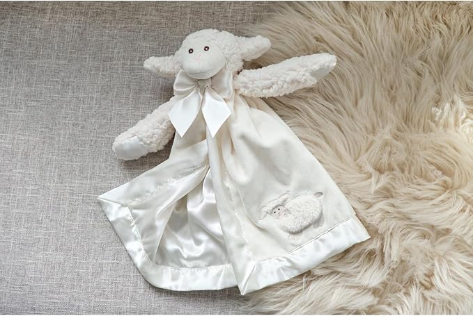 Bearington Baby Lamby Snuggler - 15" White Lamb Plush Lovey for Babies - Soft Stuffed Animal Security Blanket with Satin Bow and Embroidered Eyes - Sweet Baptism Gift Blanket for Boys and Girls