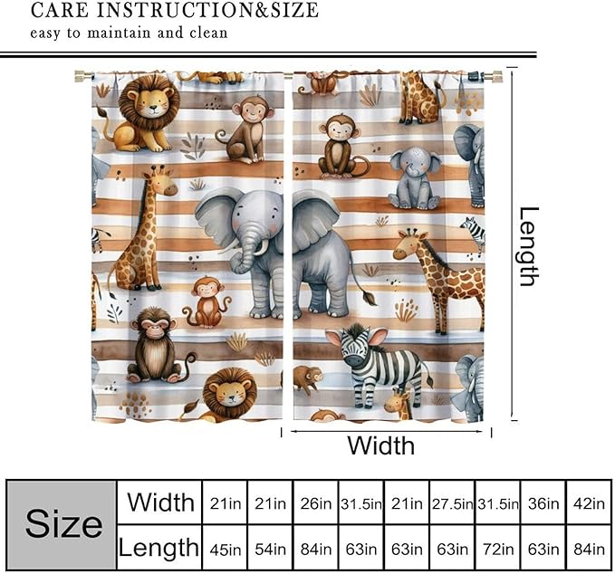 Kids Animal Curtains Elephants Giraffes Monkeys Lions Zebras Window Treatment for Kids Boys Girls Nursery Baby Bedroom Playroom Home Decor Window Drapes 55" W X 63" L