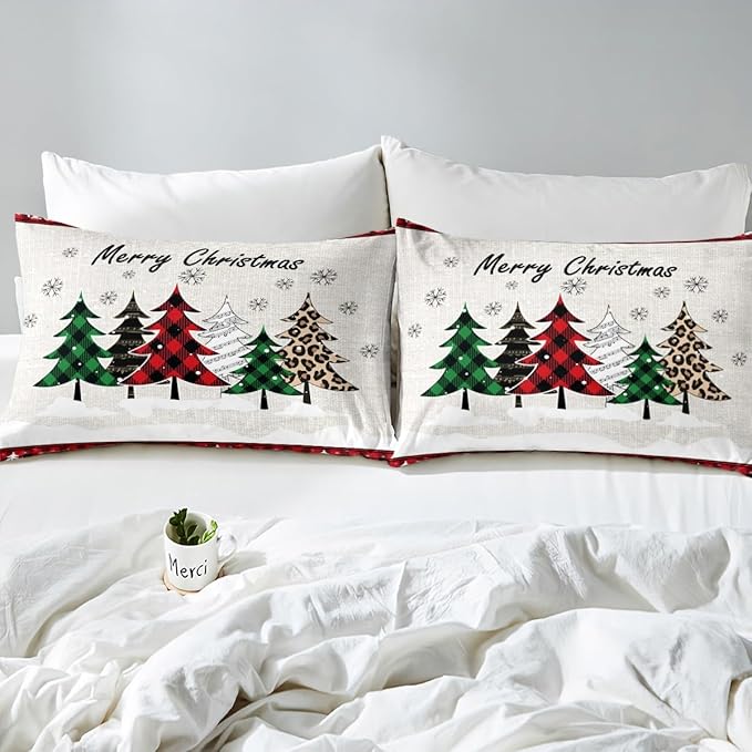 Manfei Xmas Trees Duvet Cover Set King Size, Merry Christmas Bedding Set 3pcs for Kids Boys Girls, Pine Trees Snowflake Deers Comforter Cover Soft Polyester Quilt Cover with 2 Pillowcases,No Comforter
