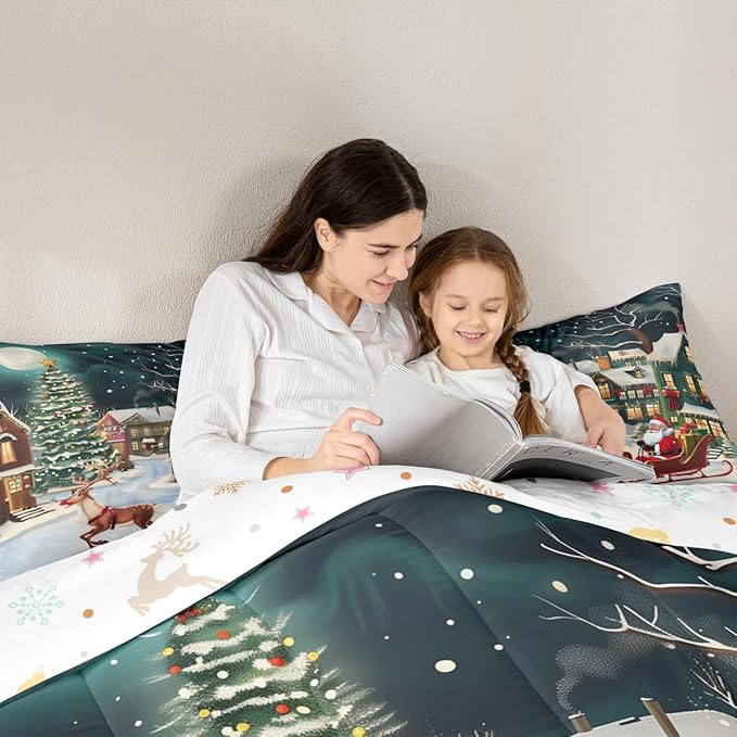Feelyou Christmas Kids Comforter Set Toddler Size Santa Claus Bedding Set Reindeer Sled Duvet Quilt for Kids Boys Girls Bedroom Xmas Tree Decor Microfiber Ultra Soft Breathable