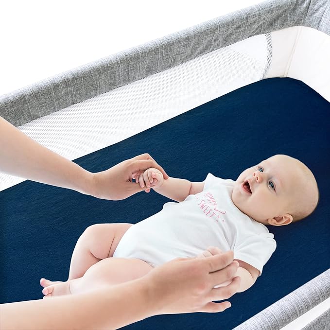 Bassinet Sheets Fit for Maxi COSI Iora, Fodoss, Yacul, Cloud Baby and Graco Travel Lite Bedside Sleeper,100% Cotton, 2 Pack, Ultra Soft Bassinet Sheet, Gray and Navy Blue