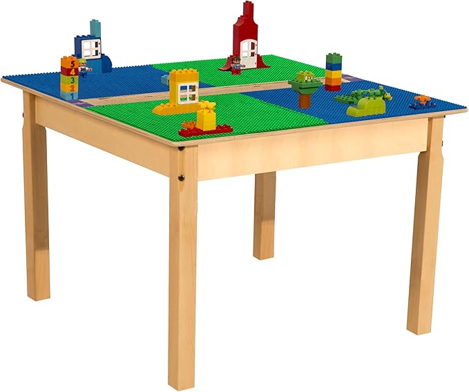Contender Time-2-Play 35" Square Birch Plywood Blue and Green Compatible with Duplo Table with Trough for Kids, Montessori Wooden Play Desk for Classroom, Pre-School, Daycare [20" Long Legs]