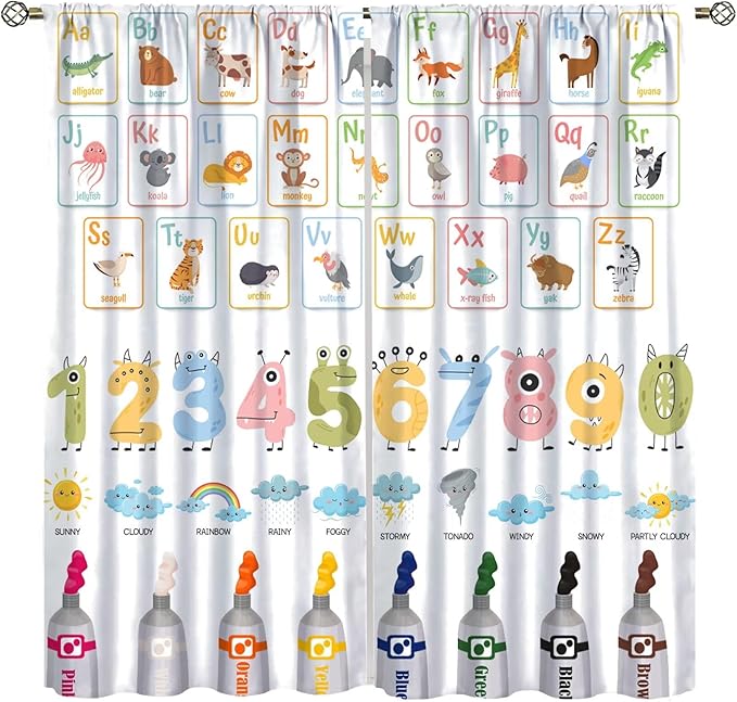 Alphabet Learning Curtain for Kids, Colorful Cartoon Animal Multiplication Table Educational, Classroom Child Printed Rod Pocket Blackout Window Drapes for Bedroom Living Room 55" W X 63" L