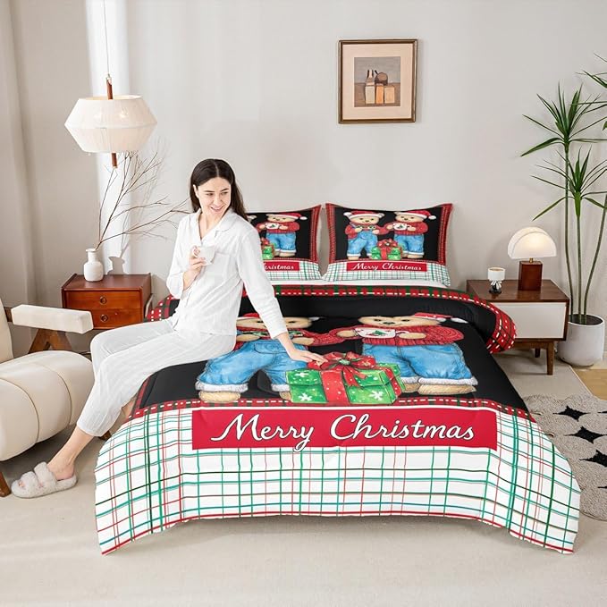 Feelyou Merry Christmas Bedding Set Soft for Boys Girls, Cute Bear Comforter Set Twin Size Duvet Quilt Microfiber Winter Bedroom Decor 2 Pcs with 1 Pillow Cases