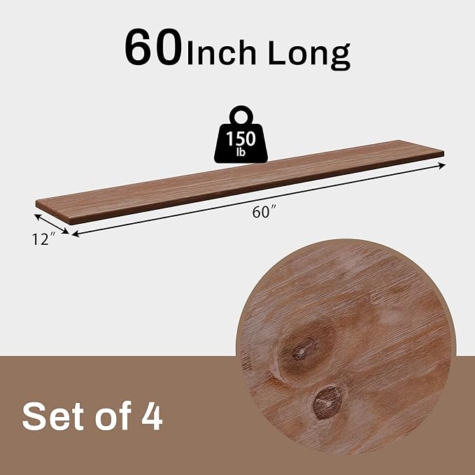 12x60 Inch Rustic Wood Floating Shelves 4-Pack - Farmhouse Brown Wall Shelves with 100 lbs Capacity, Easy Installation for Living Room, Kitchen, Bathroom (Brown, 4T60IN)