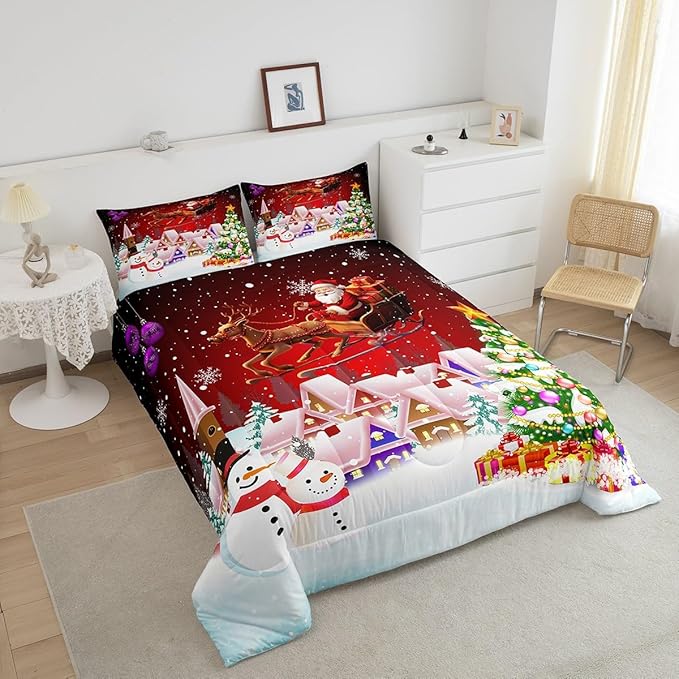 Manfei Christmas Comforter Set Twin Size, Snowman Xmas Tree Bedding Set 2pcs for Kids Boys Girls Room Decor, Santa Claus with Reindeer Quilt Set New Year Theme Duvet Set with 1 Pillowcase