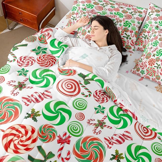 Christmas Candy Comforter Set With Sheets 7 Piece King Size Cute Bow Bed in a Bag Kids Boys Girls Red and Green Sweet Bedding Set Reversible Xmas Decor Bedroom Decor Breathable Soft Lightweight