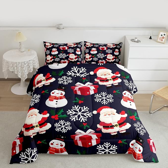 jejeloiu Merry Christmas Comforter Set Queen Size Xmas Santa Claus Bedding Set for Kids Boys Girls Cute Snowman Duvet Quilt Dark Blue Bedroom Decor