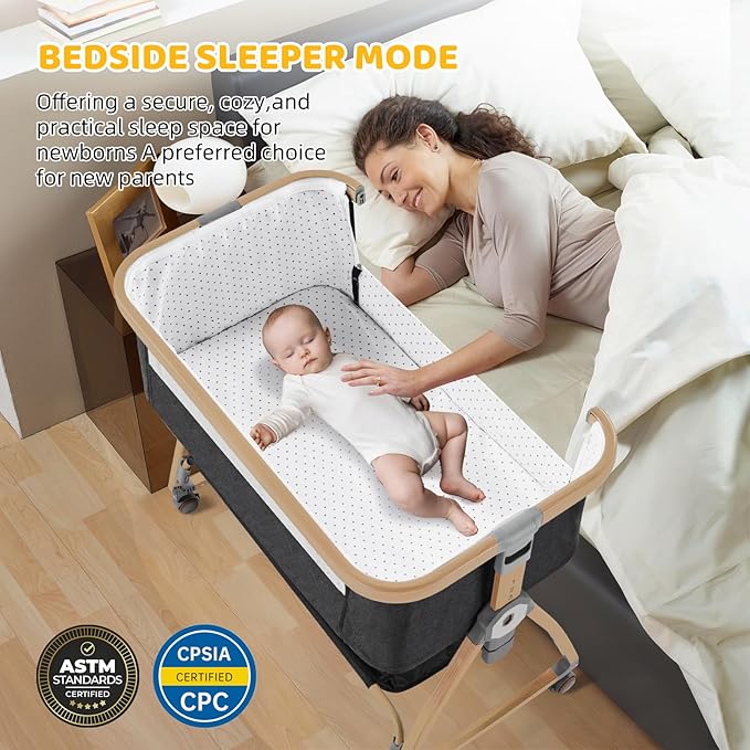Bedside Bassinet,Bassinet Bedside Sleeper,3 in 1 Bedside Bassinet for Baby,Rocking Bassinet with Mattress,Mobile,Mosquito Net,Storage Basket,6-Height Adjustable Bassinet with Wheels for Newborn