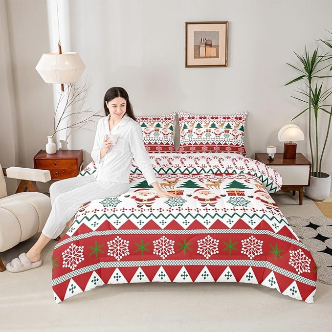 Feelyou Merry Christmas Comforter Set Queen Size Santa Claus Bedding Set for Kids Boys Girls Cute Deer Duvet Quilt Snowflake Bedroom Decor Microfiber 3 Pcs with 2 Pillow Cases