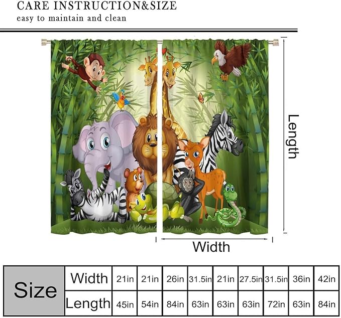 Cartoon Animal Curtains, Cute Animals Bamboo Forest Blackout Window Treatments, Rod Pocket Thermal Insulated Drapes 2 Panel Sets for Kids Room Nursery Classroom, 72" W X 63" L