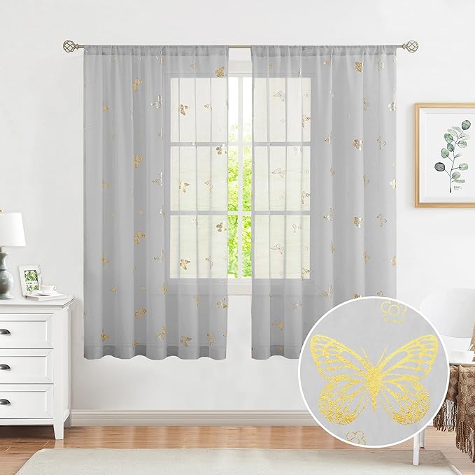 Jubilantex Grey Sheer Curtain with Gold Butterfly Pattern for Kids Room, Linen Textured Rustic Metallic Print 63 Inch Rod Pocket Window Drapes for Girls Bedroom Living Room, 2 Panels