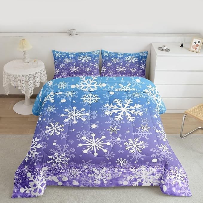 Feelyou Blue and Purple Snowflake Bedding Set Soft for Boys Girls, Winter Snowflake Comforter Set Twin Size Christmas Duvet Quilt Microfiber Holiday New Year Bedroom Decor 2 Pcs with 1 Pillow Cases