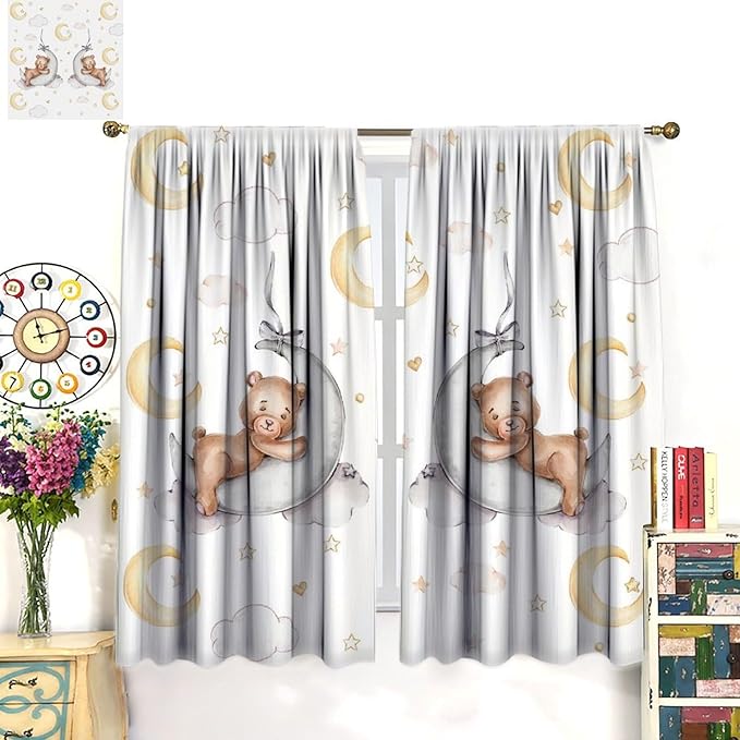 Cartoon Bear Curtains, Cartoon Watercolor Lovely Bear Moon Stars Printed Blackout Window Treatments, Rod Pocket Thermal Insulated Drapes 2 Panel Sets for Kids Bedroom Nursery Classroom, 42"W X 54"L