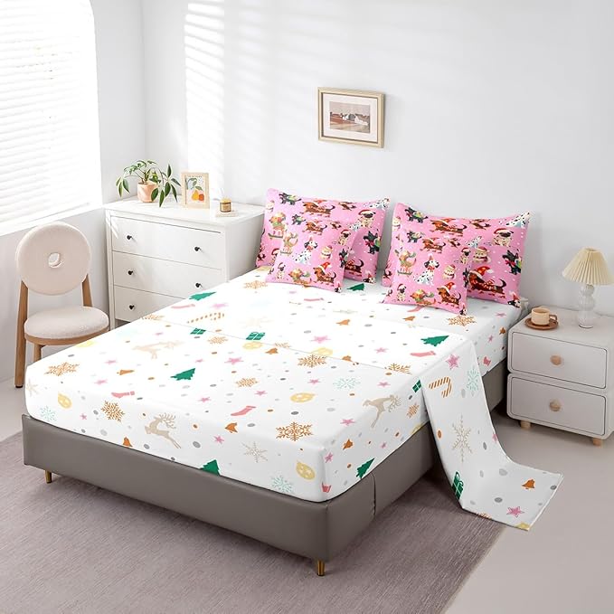 Feelyou Xmas Dog Bedding Set Cute Dog Christmas Style Comforter Set with Sheets 3D Animal Bed in a Bag for Boys Girls Children Teens Bedroom Decor Pink Bed Set 7Pcs Queen Size