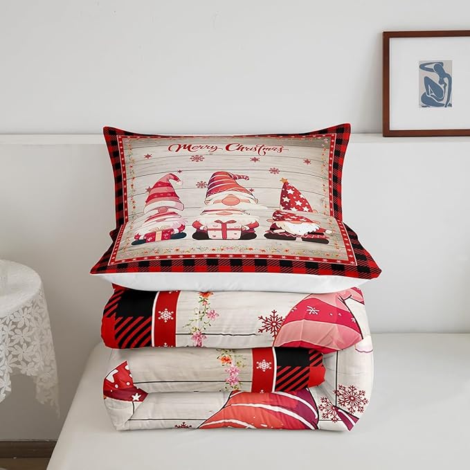 Manfei Christmas Gnomes Comforter Set King Size, Rustic Wooden and Red Plaid Xmas Down Comforter with 2 Pillowcases, New Year Theme Bedding Set 3pcs for Kids Boy Girls Lightweight Duvet Insert
