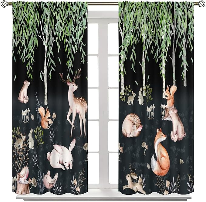 Forest Animal Curtains, Watercolor Cartoon Woodland Plants Animals Bears Moose Mushrooms Printed Curtains for Kids Boys and Girls Bedroom Window Drapes 84x84in
