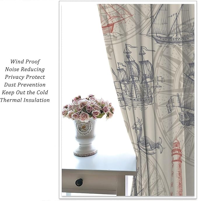 Abstract Nautical Curtain Set Seahorse Curtain for Kids Yellow Polyester Fabric Bedroom Curtain Set 2 Panels,55x63 Inches