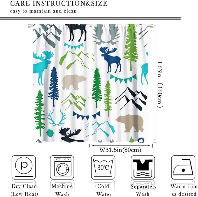 Forest Woodland Curtains, Wild Nature Bear Moose Deer Pine Trees Mountain Cabin Lodge Blackout Rod Pocket Windows Door Curtain for Bedroom Living Room Home Decor 63x63in