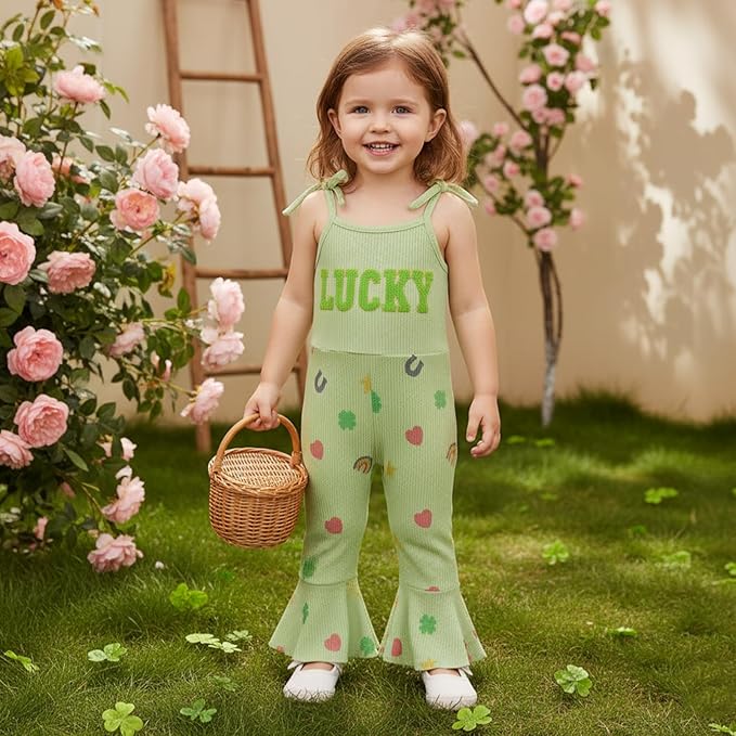 Toddler Baby Girl Valentines Day Outfit Love Sleeveless Tie-up Suspender Romper Bell Bottom Pants Spring Jumpsuit
