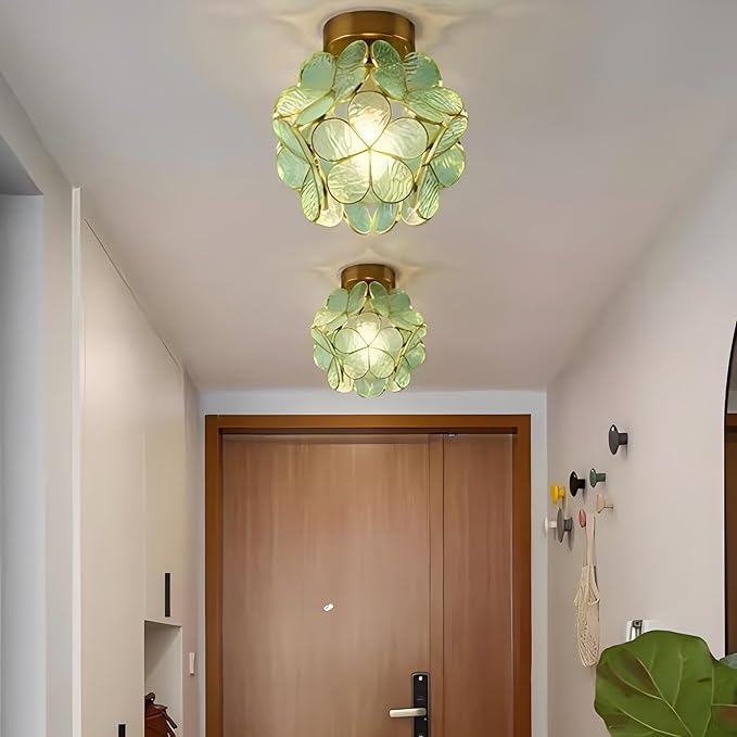 7.9 Inch Petal Ceiling Light, Tiffany Style Metal and Glass Ceiling Light, Modern Ceiling Light with E27 Base for Hallway, Entryway, Bedroom - Blueish Green