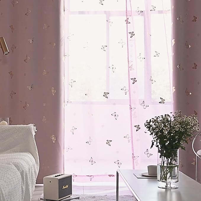 Jubilantex Pink Butterfly Sheer Curtains Gold Print Drapes for Baby Girls Nursery, Kids Bedroom 84 Inch Long Toddler Linen Textured Curtain Rod Pocket Window Treatment Sets, 2 Panels