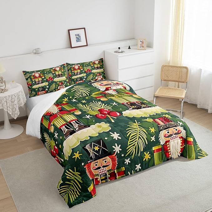 Christmas Cartoon Soldier Bedding Set Full Size,Christmas Leaves Snowflake Comforter Set for Kids Boys Girls Room Decor,Xmas Abstract Art Duvet Insert 3Pcs,Polka Dot Green Quilt Set,2 Pillowcases