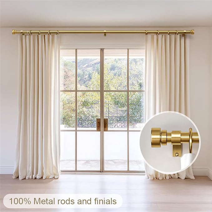 Gold Curtain Rods for Windows 66 to 120 Adjustable Modern Curtain Rod 1 inch Diameter Heavy Duty with Solid Metal Finials for Living Room Bedroom Farmhouse Outdoor Patio