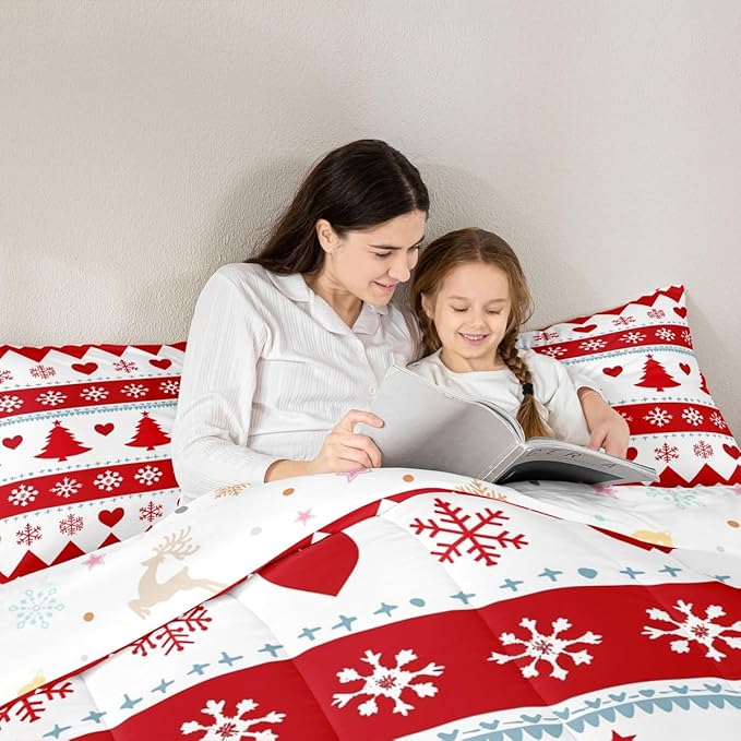 Feelyou Christmas Comforter Set Toddler Size Xmas Tree Bedding Set for Kids Boys Girls Snowflake Heart Duvet Quilt Geometric Bedroom Decor Microfiber 2 Pcs with 1 Pillow Cases
