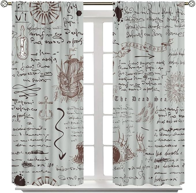 Nautical Theme Window Curtains,Pirate Sailboat Curtains for Bedroom,Starfish Print Draperies for Living Room,Ocean Window Treatment Curtains Set 2 Panels,42x45 Inches