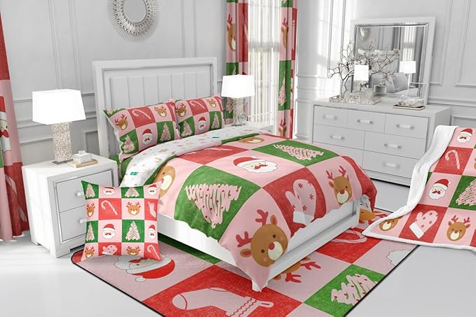Feelyou Merry Christmas Bedding Set Soft for Boys Girls, Xmas Tree Santa Claus Comforter Set Queen Size Candy Cane Deer Duvet Quilt Microfiber Patchwork Bedroom Decor 3 Pcs with 2 Pillow Cases
