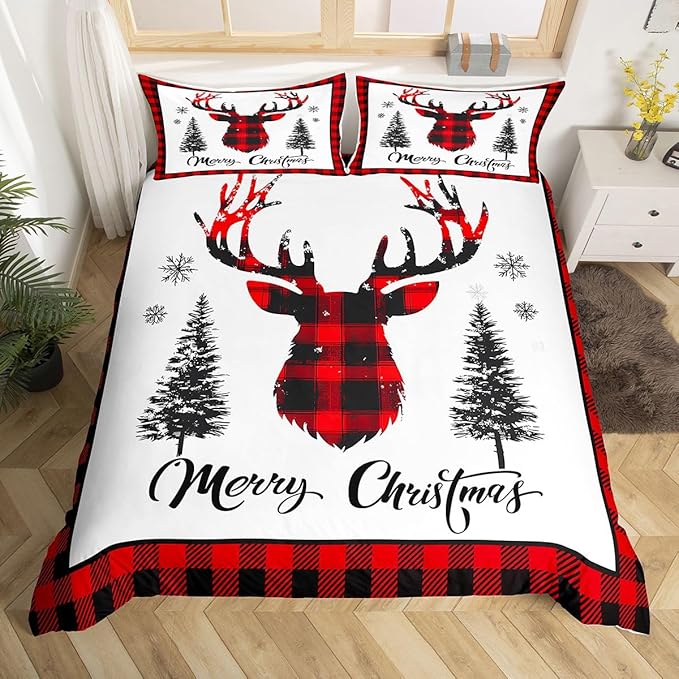 jejeloiu Christmas Bedding Set for Kids Boys Girls Xmas Deer Elk Antlers Comforter Cover Set Twin Size Buffalo Check Grid Duvet Cover Bedroom Decor Xmas Bedding Collection 2Pcs