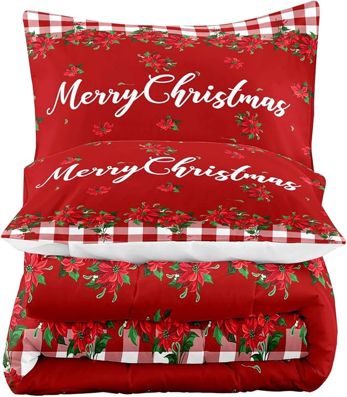 LUVIVIHOME 3PCS Merry Christmas Comforter Set King, Farmhouse Bedding, Holiday New Year Xmas Floral Checkered Red Buffalo Plaid Bedding, Poinsettia Christmas Decorations, Xmas Gifts, 2 Pillow Cases