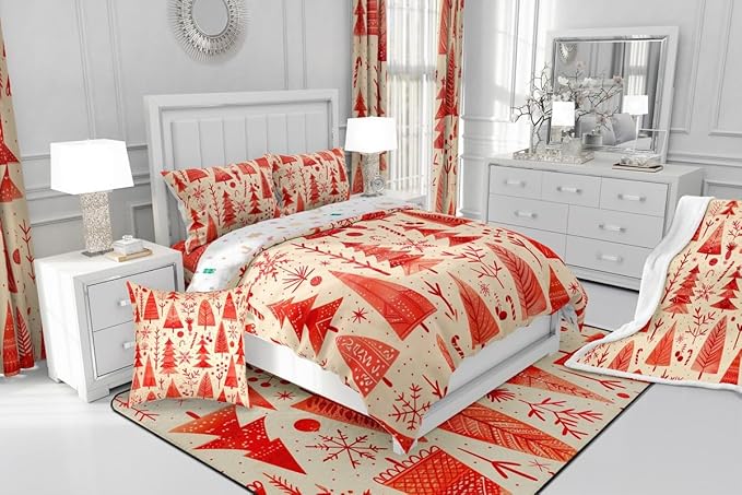 Feelyou Christmas Bedding Set Soft for Boys Girls, Xmas Tree Comforter Set Queen Size Snowflake Candy Duvet Quilt Microfiber Pine Tree Bedroom Decor 3 Pcs with 2 Pillow Cases