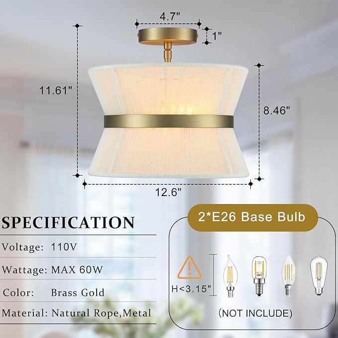 Gold Semi Flush Mount Ceiling Light 2-Light Modern Drum Dining Room Lighting Fixture 12.6” Beige Fabric Lamp for Bedroom Entryway Hallway Foyer Kitchen Island Living Room Nursery