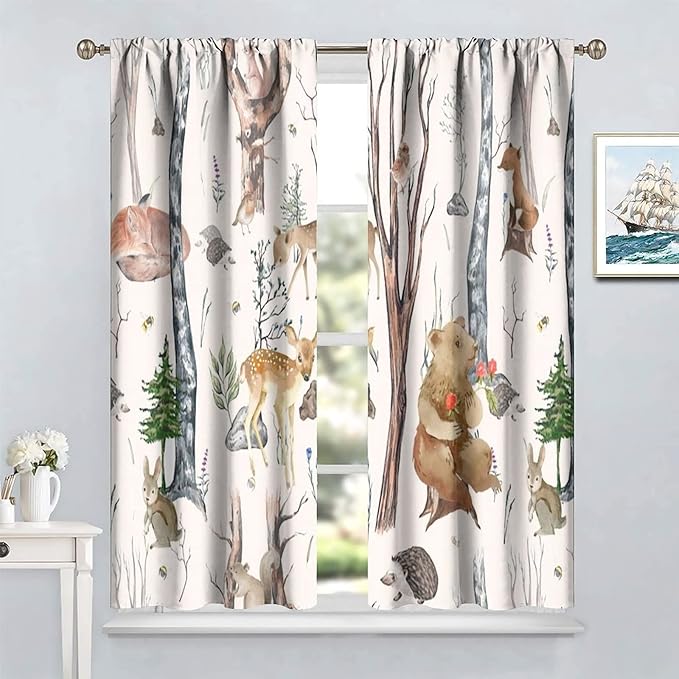 Rustic Forest Window Curtains Curtains, Woodland Animal Bear Deer Hedgehog Fox Forest Squirrel Watercolor Blackout Rod Pocket Window Treatments Drapes for Boys Girls Bedroom 72x63in
