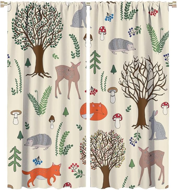 Kids Forest Animal Curtains, Rustic Cute Wild Animal Fox Deer Hedgehog Window Treatments Farmhouse Woodland Window Drapes for Girls Boys Nursery Toddler Bedroom 63x63in
