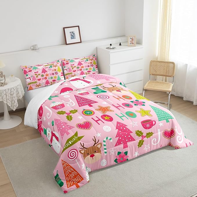 Merry Christmas Kids Comforter Set King Size,Cartoon Santa Claus Snowman Bedding Set,Boys Girls Adults Room Decor,Christmas Trees Deer Cute Down Comforter,Pink Romantic Duvet Insert,2 Pillowcases