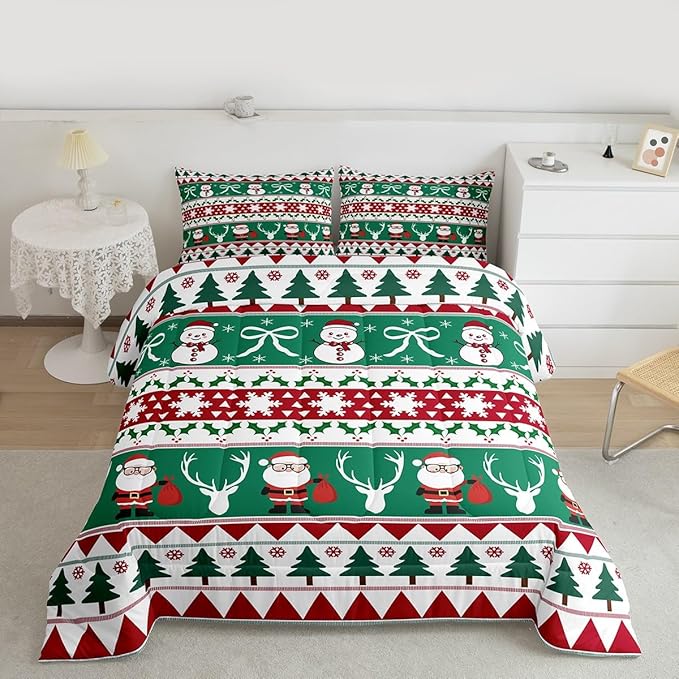 Feelyou Merry Christmas Tree Comforter Set Twin Size Cute Snowman Bedding Set for Kids Boys Girls Santa Claus Duvet Quilt Cartoon Bowknot Bedroom Decor Microfiber 2 Pcs with 1 Pillow Cases